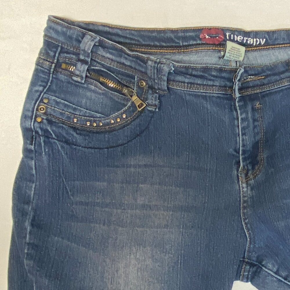 Kiss Therapy Embellished Zip Pocket Faded Capri Crop Denim Jeans Medium Wash 16 - Picture 12 of 14